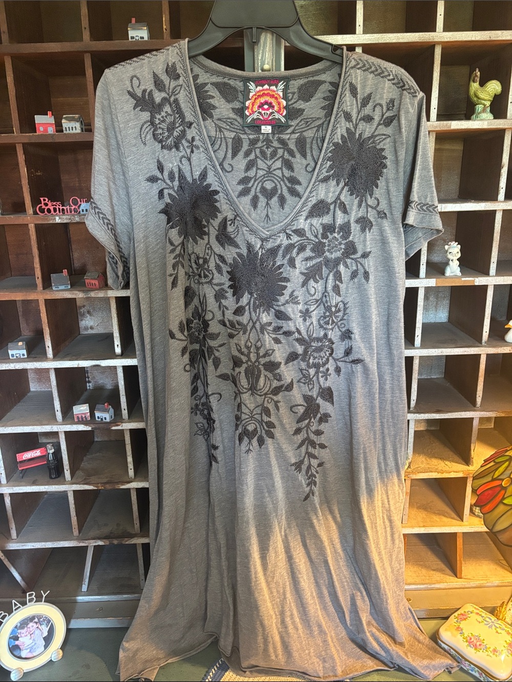 Johnny Was Gray Embroidered V-Neck Tunic dress